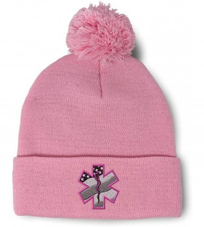 Skullies & Beanies Custom Pom Pom Beanie Paramedic Pink EMT Embroidery Acrylic - Soft Pink - CM18A0DA3R3 $12.05