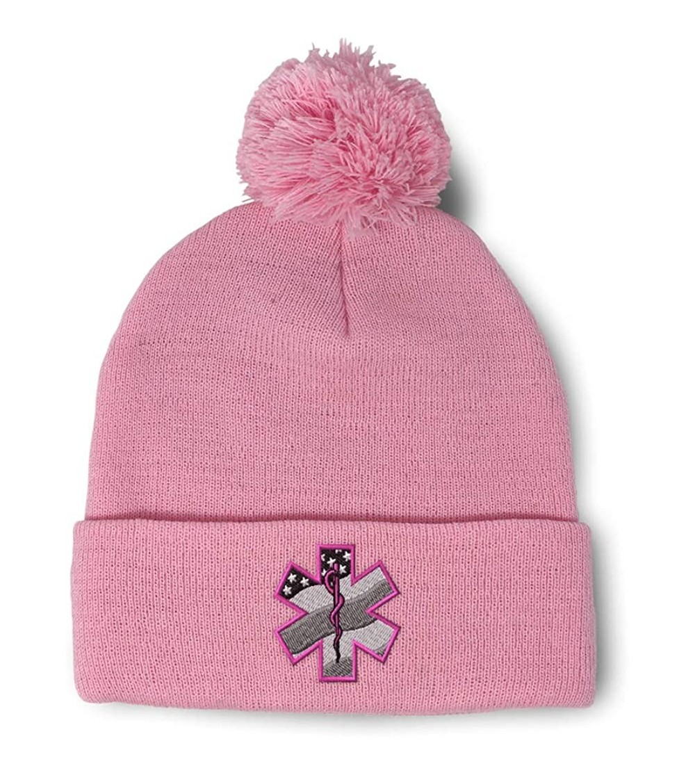 Skullies & Beanies Custom Pom Pom Beanie Paramedic Pink EMT Embroidery Acrylic - Soft Pink - CM18A0DA3R3 $12.05