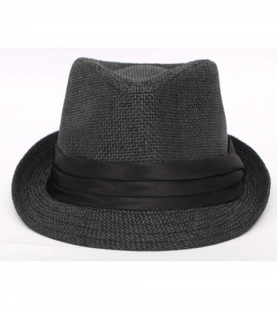 Visors Beach Straw Fedora Hat w/Solid Hat Band for Men & Women - Black - C717XE6WQCH $13.60