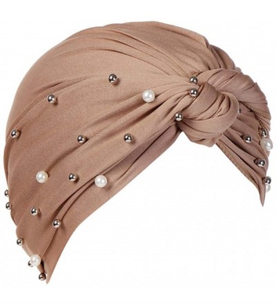 Skullies & Beanies Women Pearl Beading Chemo Turban Headband Scarf Beanie Cap Hat India Hat Turban Wrap Cap - Brown - CI18TST...
