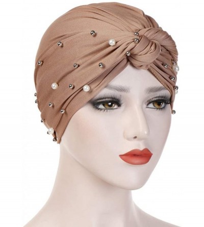 Skullies & Beanies Women Pearl Beading Chemo Turban Headband Scarf Beanie Cap Hat India Hat Turban Wrap Cap - Brown - CI18TST...