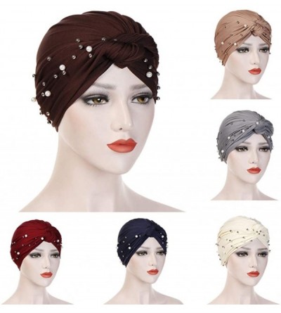 Skullies & Beanies Women Pearl Beading Chemo Turban Headband Scarf Beanie Cap Hat India Hat Turban Wrap Cap - Brown - CI18TST...