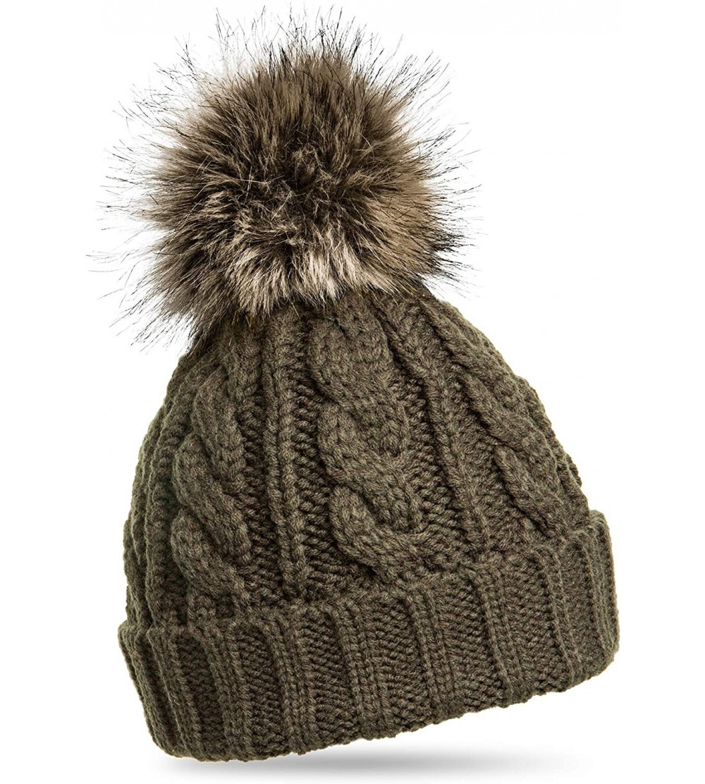 Skullies & Beanies Womens Winter Knitted Beanie Fleece Inner Lining Large Fur Bobble - MU104 - Khaki - CN11OF18N3X $22.05