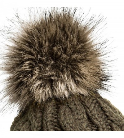 Skullies & Beanies Womens Winter Knitted Beanie Fleece Inner Lining Large Fur Bobble - MU104 - Khaki - CN11OF18N3X $22.05