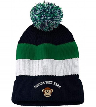 Skullies & Beanies Custom Vintage Pom Pom Beanie Cute Monkey Face Embroidery Acrylic - Navy Stripes - C018H5M7QY3 $17.54