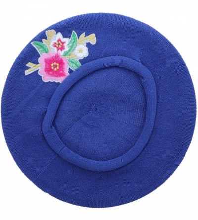 Berets 100% Cotton Beret French Ladies Hat with Pink Flower Bouquet - Light Navy - CC18R87K3GN $53.17