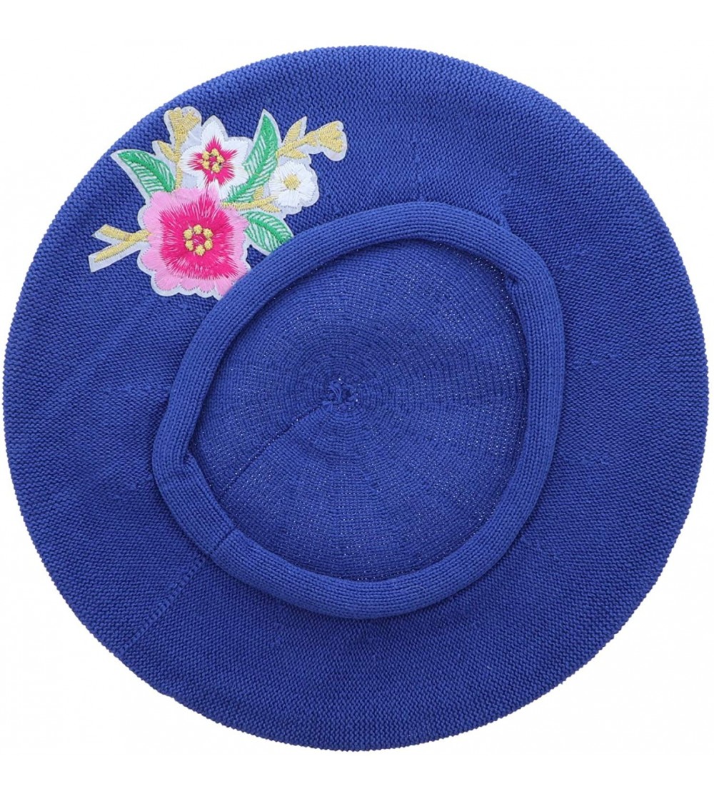 Berets 100% Cotton Beret French Ladies Hat with Pink Flower Bouquet - Light Navy - CC18R87K3GN $22.36