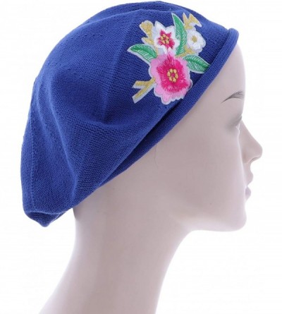 Berets 100% Cotton Beret French Ladies Hat with Pink Flower Bouquet - Light Navy - CC18R87K3GN $22.36