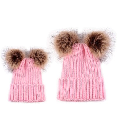 Skullies & Beanies Parent-Child Matchy Hat Winter Mom Baby Double Pompom Faux Fur Beanie Ski Cap - Light Pink - CS18L8NMQO0 $...