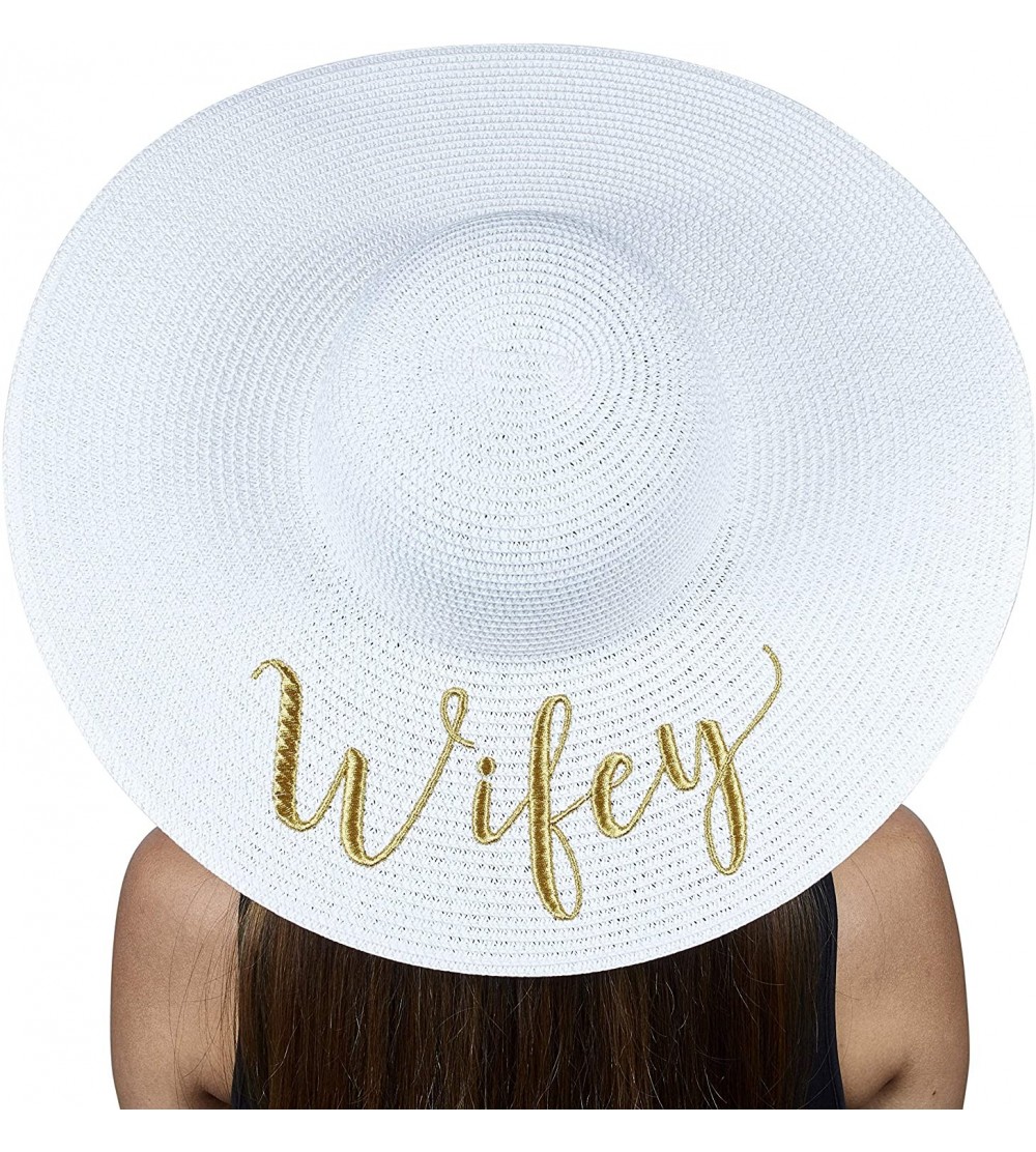 Sun Hats Womens Embroidered Straw Sun Hat Bridal Shower Gift Bachelorette Honeymoon - Wifey - CQ18O74L39Q $20.09