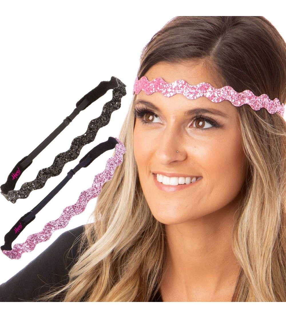 Headbands Women's Adjustable NO Slip Wave Bling Glitter Headband - Black & Light Pink Wave 2pk - C911OI9GRAR $13.93