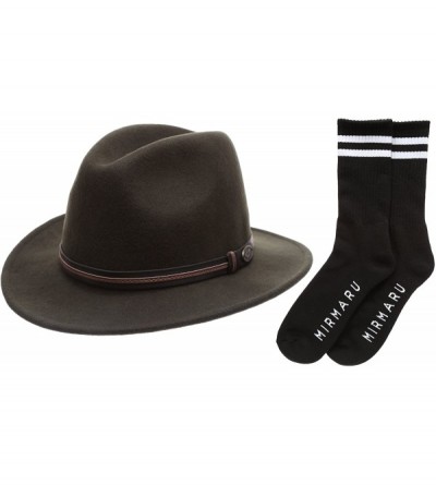 Fedoras Men's Premium Wool Outback Fedora with Faux Leather Band Hat with Socks. - He60-olive - CJ12MAKD9NJ $36.29