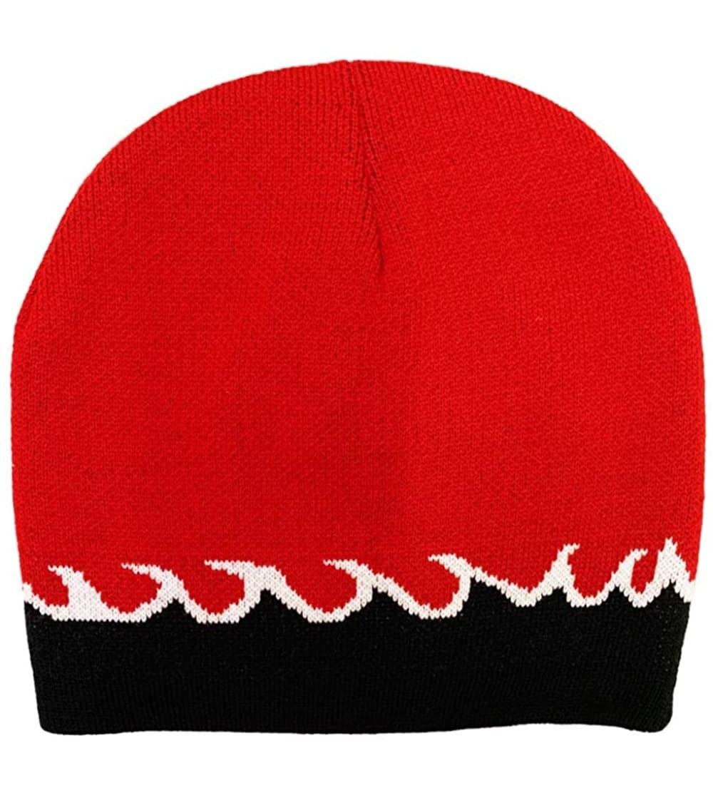 Skullies & Beanies Flame Fire Design Cuffless Beanie Hat Ski Beanie Hat - Red / White & Black Waves - C6192896UY9 $7.37