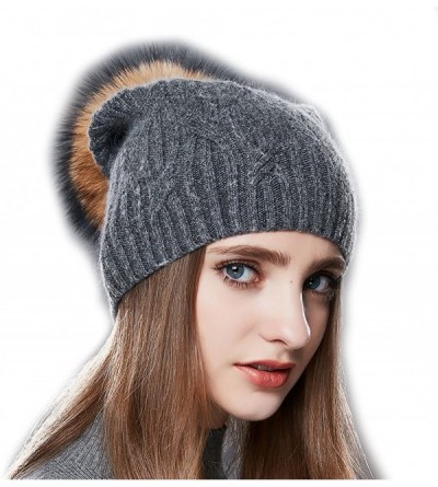 Skullies & Beanies Wool Knit Slouchy Bobble Cap Unisex Winter Beanie Hat with Fur Ball Pom - Dark Gray With Raccoon Pom - C91...