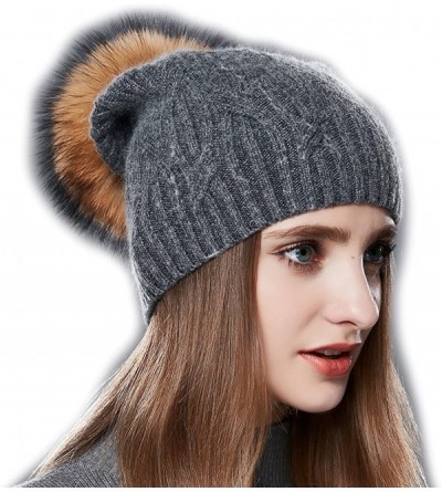 Skullies & Beanies Wool Knit Slouchy Bobble Cap Unisex Winter Beanie Hat with Fur Ball Pom - Dark Gray With Raccoon Pom - C91...