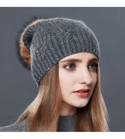 Skullies & Beanies Wool Knit Slouchy Bobble Cap Unisex Winter Beanie Hat with Fur Ball Pom - Dark Gray With Raccoon Pom - C91...