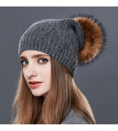 Skullies & Beanies Wool Knit Slouchy Bobble Cap Unisex Winter Beanie Hat with Fur Ball Pom - Dark Gray With Raccoon Pom - C91...
