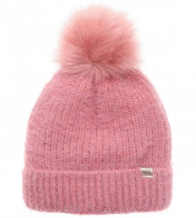 Skullies & Beanies Women's Winter Cozy Solid Color Fuzzy Knitted Beanie Hat with Faux Fur Pom Pom - Rose - CO18AT3SSX7 $10.84