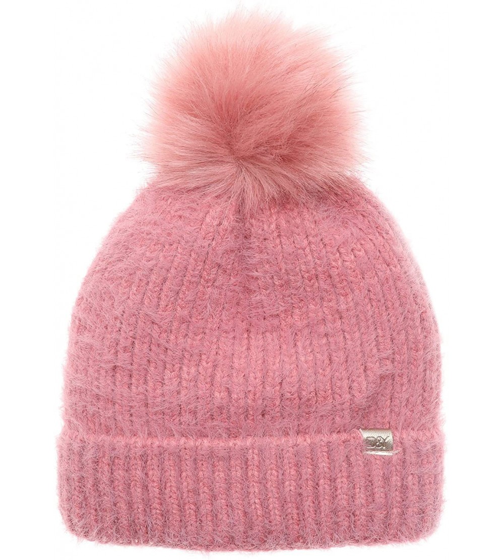 Skullies & Beanies Women's Winter Cozy Solid Color Fuzzy Knitted Beanie Hat with Faux Fur Pom Pom - Rose - CO18AT3SSX7 $10.84