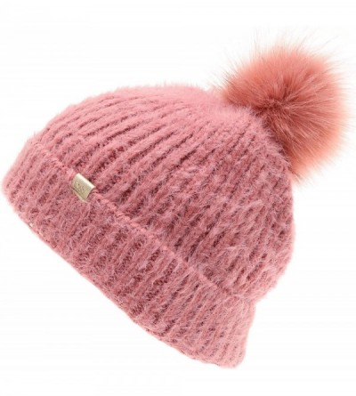 Skullies & Beanies Women's Winter Cozy Solid Color Fuzzy Knitted Beanie Hat with Faux Fur Pom Pom - Rose - CO18AT3SSX7 $10.84