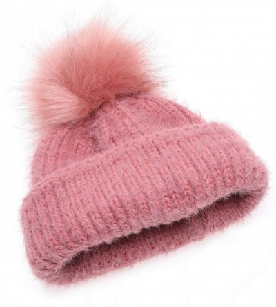 Skullies & Beanies Women's Winter Cozy Solid Color Fuzzy Knitted Beanie Hat with Faux Fur Pom Pom - Rose - CO18AT3SSX7 $10.84