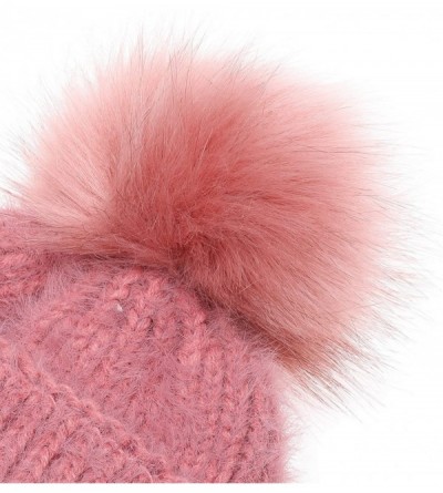 Skullies & Beanies Women's Winter Cozy Solid Color Fuzzy Knitted Beanie Hat with Faux Fur Pom Pom - Rose - CO18AT3SSX7 $10.84