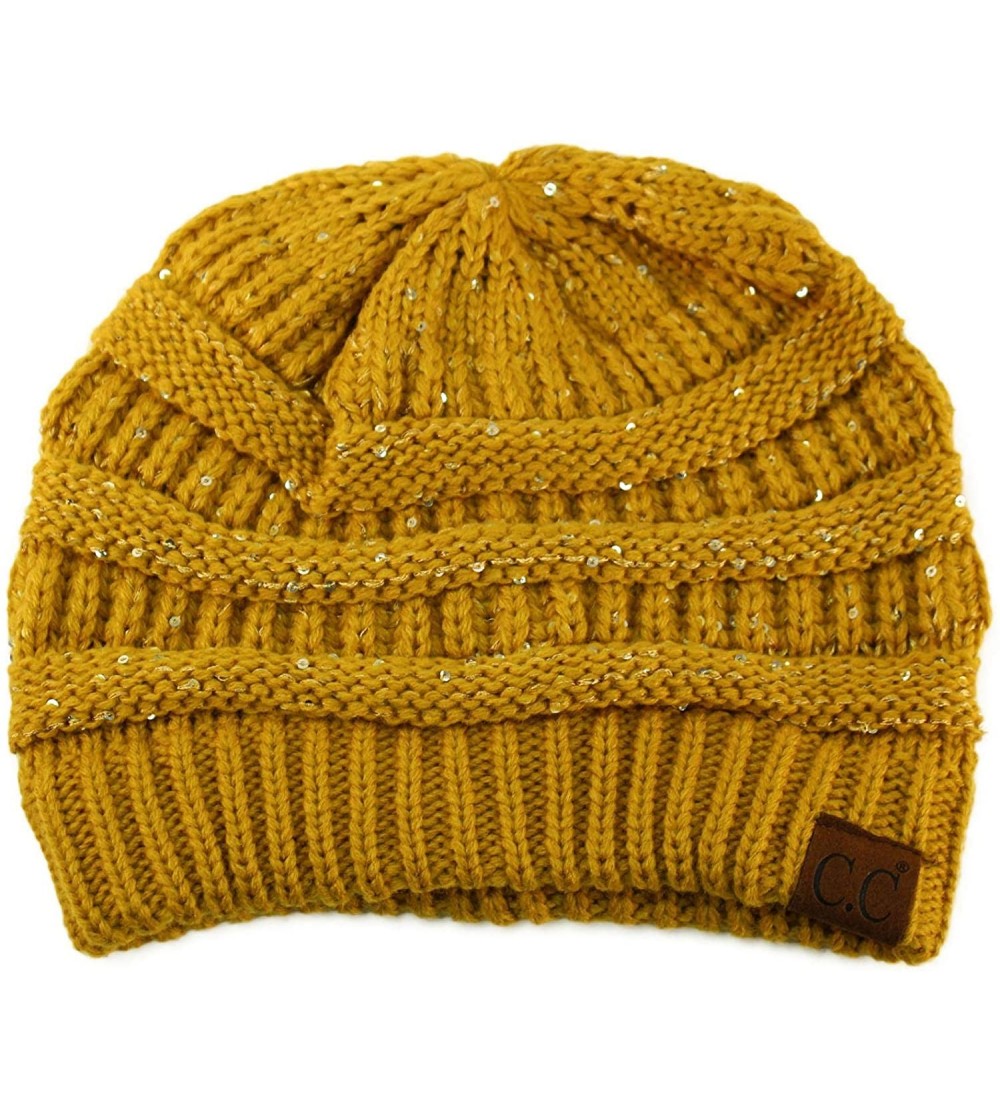 Skullies & Beanies Winter Trendy Soft Cable Knit Stretchy Warm Ribbed Beanie Skully Ski Hat Cap - Sequins Mustard - CN18HAAN7...