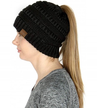 Skullies & Beanies Beanie Ponytail Beanie Messy bun Beanie Soft Warm Cable Winter Chunky Skull Cap - Black Metallic - CL189XG...