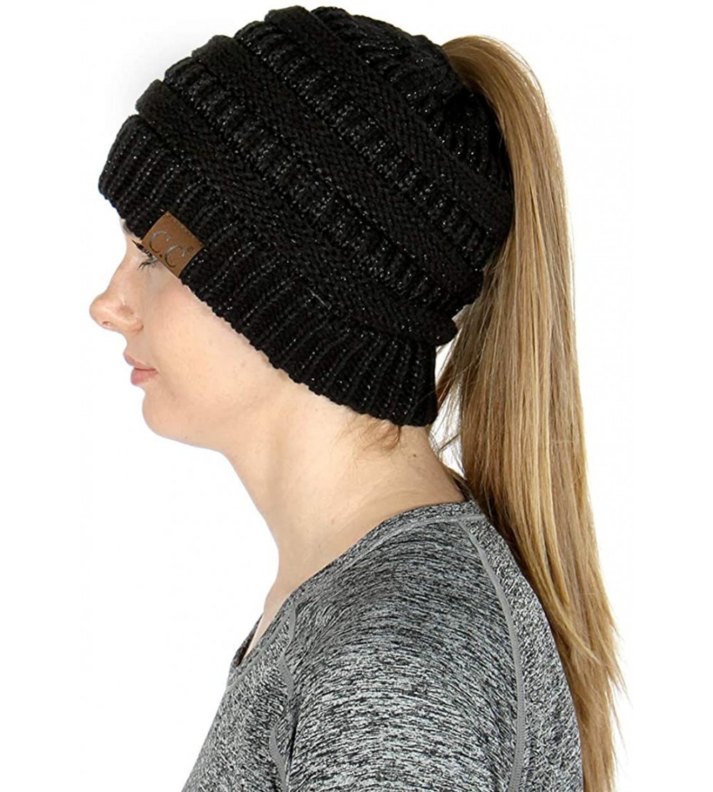 Skullies & Beanies Beanie Ponytail Beanie Messy bun Beanie Soft Warm Cable Winter Chunky Skull Cap - Black Metallic - CL189XG...