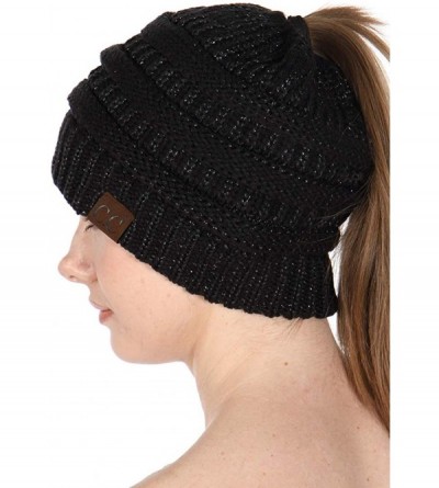 Skullies & Beanies Beanie Ponytail Beanie Messy bun Beanie Soft Warm Cable Winter Chunky Skull Cap - Black Metallic - CL189XG...