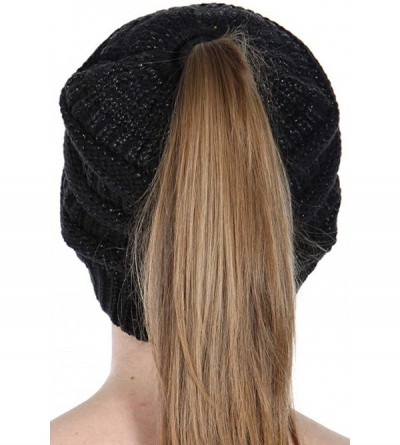 Skullies & Beanies Beanie Ponytail Beanie Messy bun Beanie Soft Warm Cable Winter Chunky Skull Cap - Black Metallic - CL189XG...