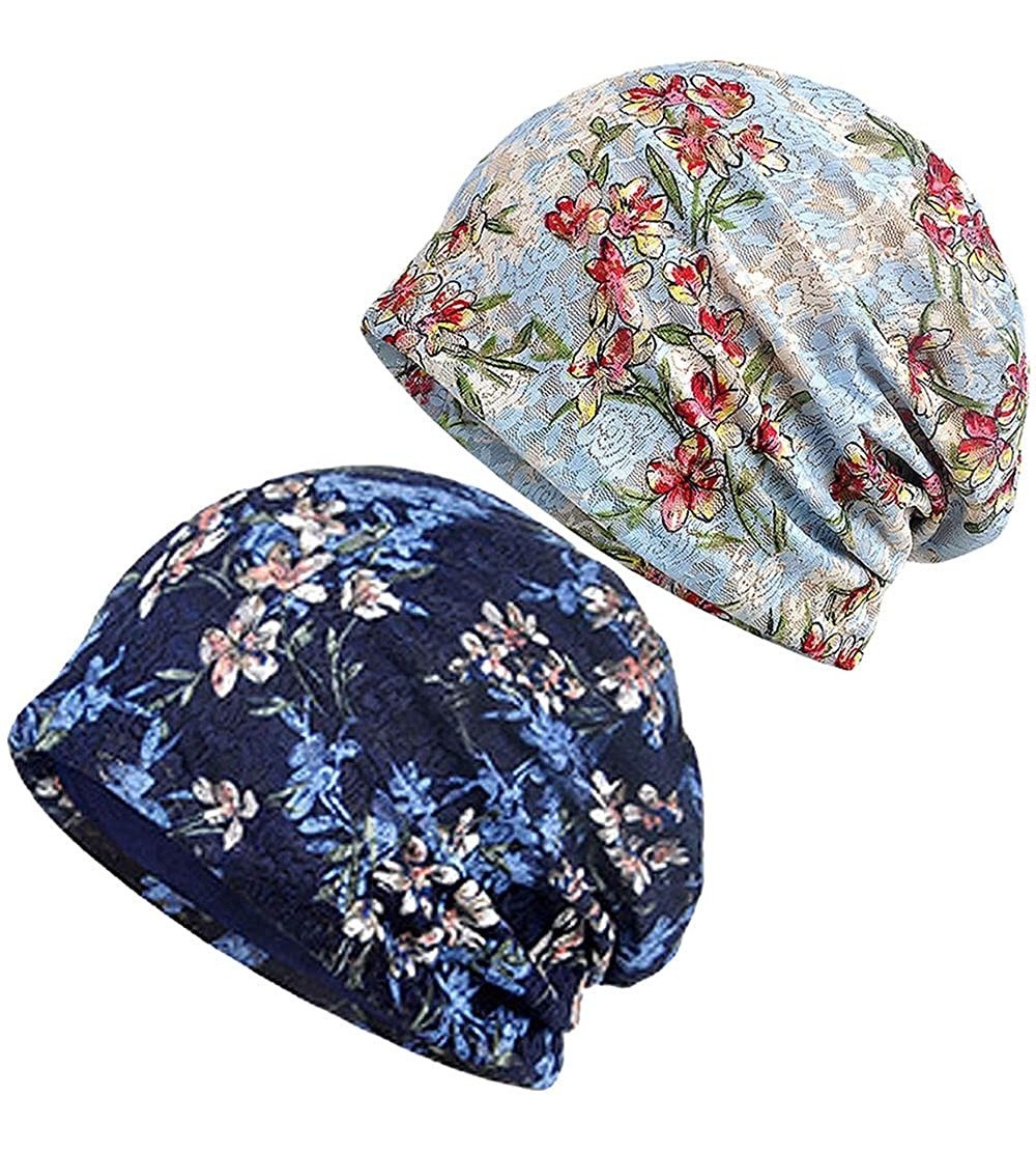 Skullies & Beanies Cotton Slouchy Beanie Hat Hair Covers Soft Night Sleep Cap for Women - 2 Pack Sky Blue/Navy Flower - CY18C...