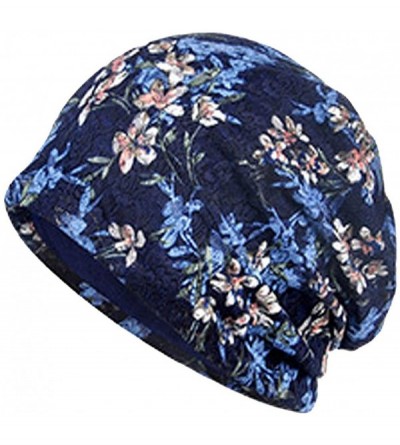 Skullies & Beanies Cotton Slouchy Beanie Hat Hair Covers Soft Night Sleep Cap for Women - 2 Pack Sky Blue/Navy Flower - CY18C...