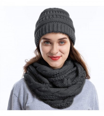 Skullies & Beanies Knit Infinity Scarf Slouchy Beanie Hat Set Women Winter Warm Circle Loop Scarfs - Grey - CI18UIU5MLN $13.70