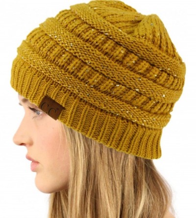 Skullies & Beanies Winter Trendy Soft Cable Knit Stretchy Warm Ribbed Beanie Skully Ski Hat Cap - Sequins Mustard - CN18HAAN7...