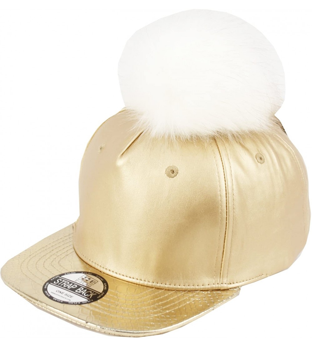 Baseball Caps Pom Pom Baseball Cap/Fuax Leather - Gold - CN129S9FDYN $17.56