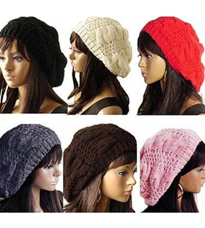 Berets Women's Lady Knitted Beret Braided Baggy Beanie Crochet Hat Ski Cap - Rose Red - CG11MIPEMKB $8.11