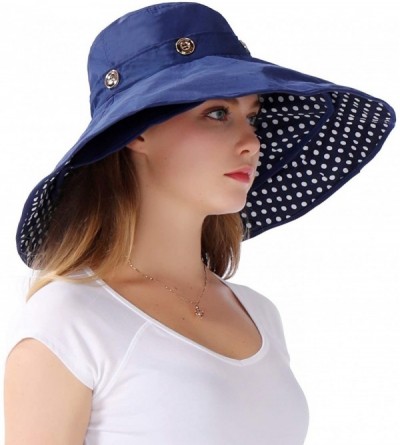 Bucket Hats Packable Extra Large Brim Floppy Sun Hat Reversible UPF 50+ Beach Sun Bucket Hat - Deep Blue-dot - C612J6KB1J5 $2...