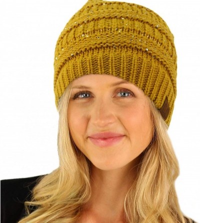 Skullies & Beanies Winter Trendy Soft Cable Knit Stretchy Warm Ribbed Beanie Skully Ski Hat Cap - Sequins Mustard - CN18HAAN7...