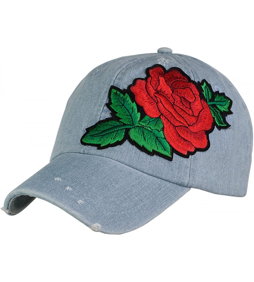 Baseball Caps Embroidered Rose Flower Patch Adjustable Baseball Cap Hat - Lt Blue Denim - CM184HMIT6E $12.44