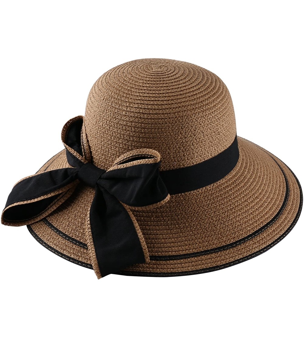 Sun Hats Women Wide Stripped Brim Foldable Sun Strawith Hat Floppy Vacation Bucket Cap - Tan - CY182KXK5UD $11.50