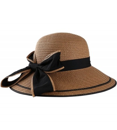 Sun Hats Women Wide Stripped Brim Foldable Sun Strawith Hat Floppy Vacation Bucket Cap - Tan - CY182KXK5UD $11.50