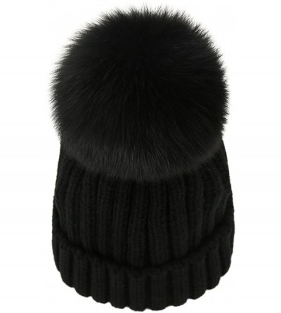 Skullies & Beanies Women Winter Kintted Beanie Hats with Real Fox Fur Pom Pom - Black - C118ALIYEO3 $19.76