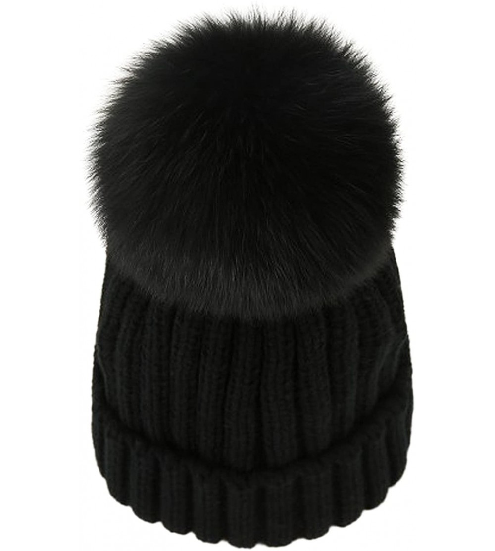Skullies & Beanies Women Winter Kintted Beanie Hats with Real Fox Fur Pom Pom - Black - C118ALIYEO3 $19.76