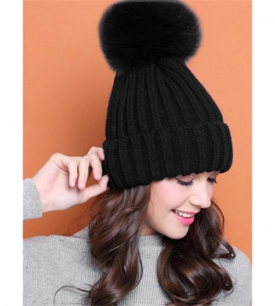 Skullies & Beanies Women Winter Kintted Beanie Hats with Real Fox Fur Pom Pom - Black - C118ALIYEO3 $19.76