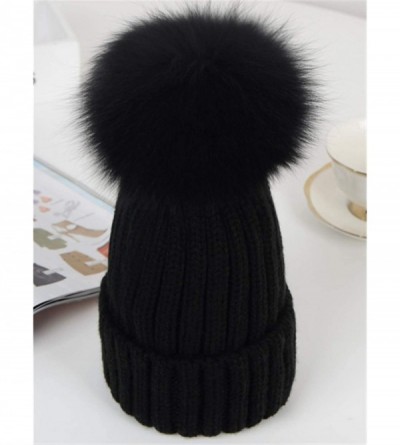 Skullies & Beanies Women Winter Kintted Beanie Hats with Real Fox Fur Pom Pom - Black - C118ALIYEO3 $19.76