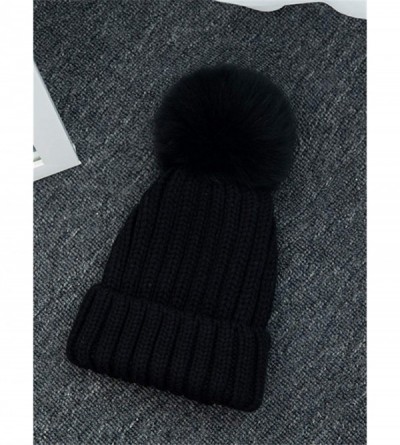 Skullies & Beanies Women Winter Kintted Beanie Hats with Real Fox Fur Pom Pom - Black - C118ALIYEO3 $19.76