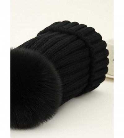 Skullies & Beanies Women Winter Kintted Beanie Hats with Real Fox Fur Pom Pom - Black - C118ALIYEO3 $19.76