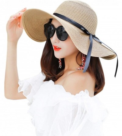 Sun Hats Womens Big Bowknot Straw Hat Floppy Foldable Roll up Beach Cap Sun Hat UPF 50+ - Af Khaki - C218UKYD308 $28.37