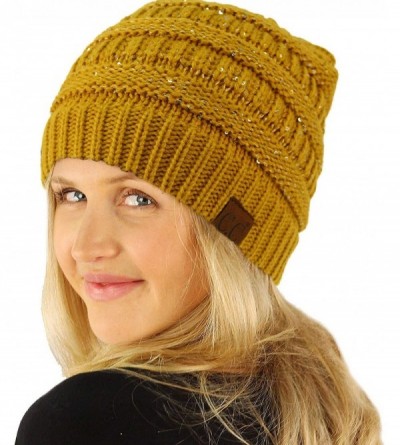 Skullies & Beanies Winter Trendy Soft Cable Knit Stretchy Warm Ribbed Beanie Skully Ski Hat Cap - Sequins Mustard - CN18HAAN7...